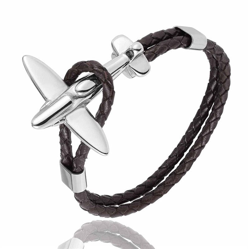 MKENDN Stainless Steel 18k Plated Aviation Airplane Anchor Bracelets Men Women Retro Leather Bracelet Air Force Style Jewelry