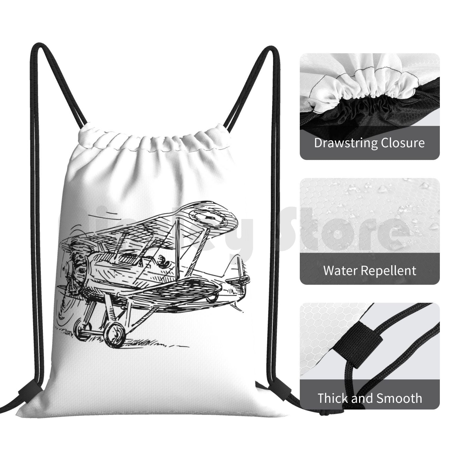 Vintage Biplane , Airplane Backpack Drawstring Bag Riding Climbing Gym Bag  Airplane Airplane Aviation Biplane Flight Plane