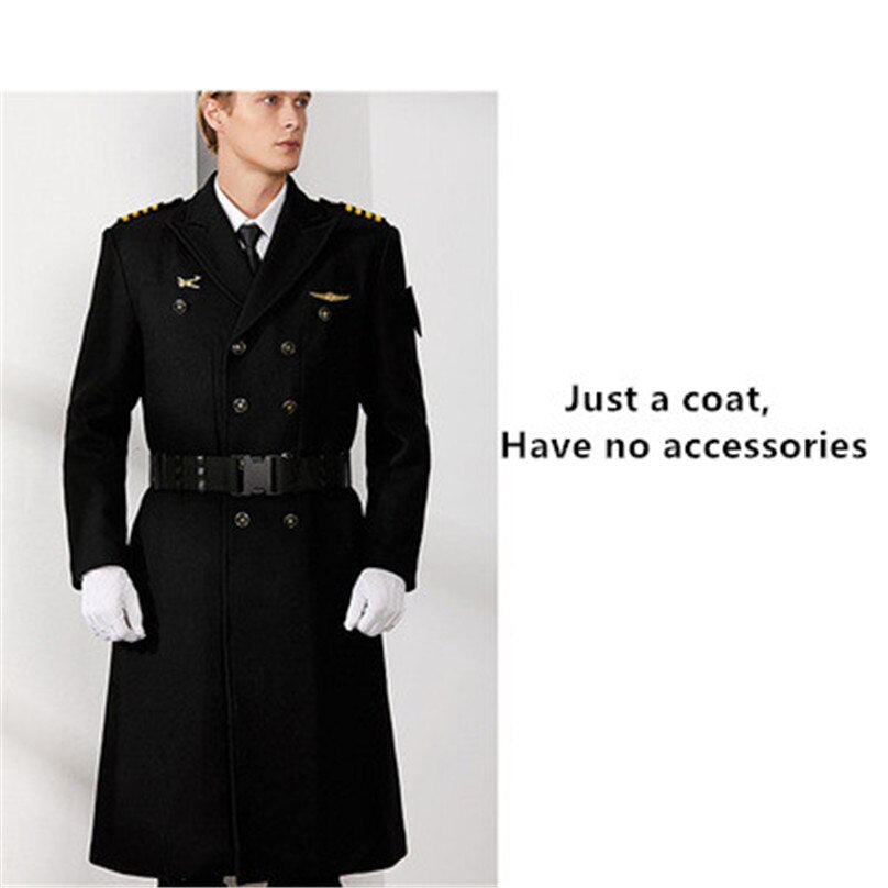 Pilot Captain Black Woollen Long Coat Winter Thick Aviation Clothes Noble Military Uniform For Army Officer Work Cosplay Show