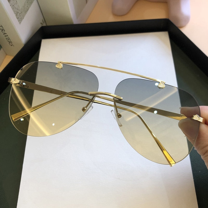 Vintage Rimless Alloy Aviation Pilot Sunglasses for Men 2021 Brand Gradient Sun Glasses Female Metal Oval Shades Black Brown