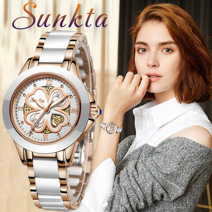 SUNKTA Quartz Women Watches Fashion Waterproof Watches Women Ceramic Bracelet Wristband Watch Girl Clock Relogio Feminino+Bo