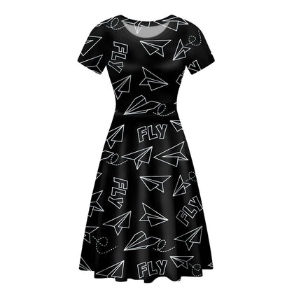 Paper Airplane & Fly Black Designed Women Midi Dress