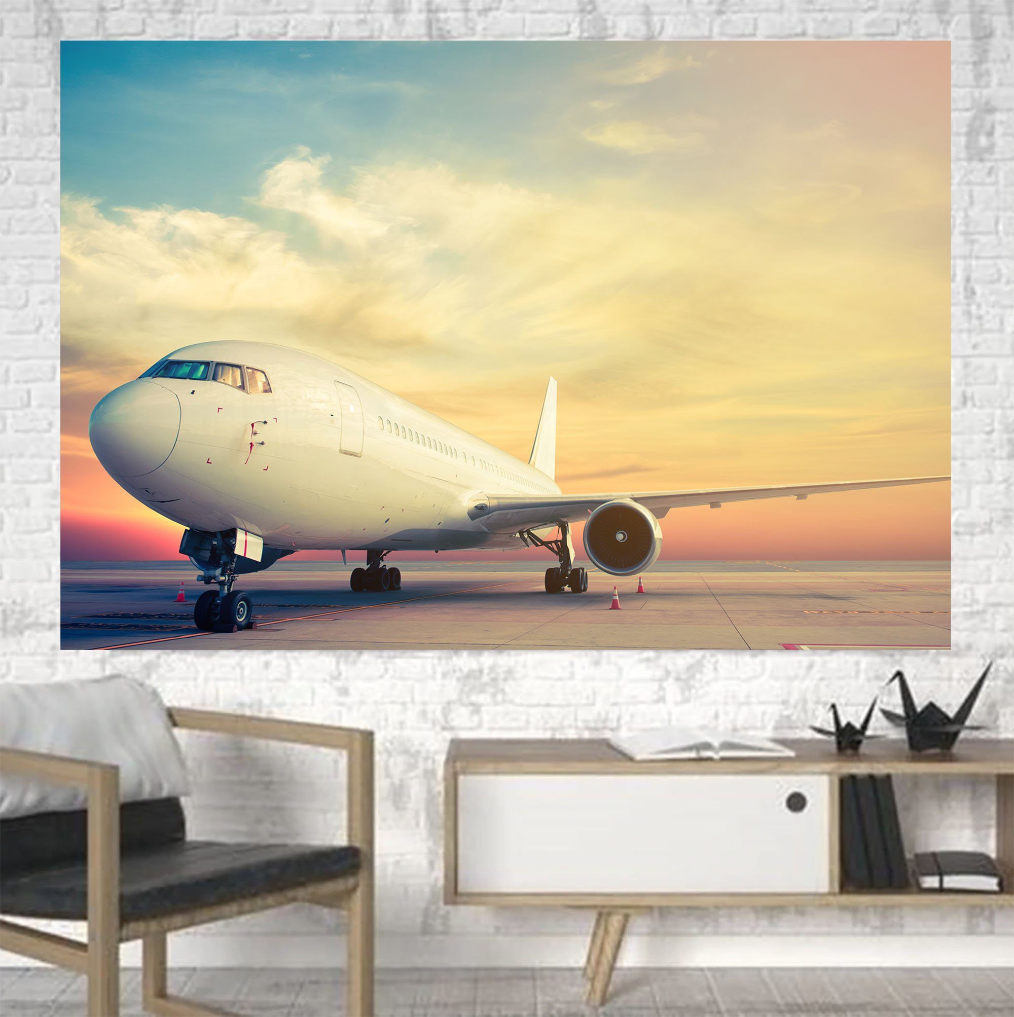 Parked Aircraft During Sunset Printed Canvas Posters (1 Piece)