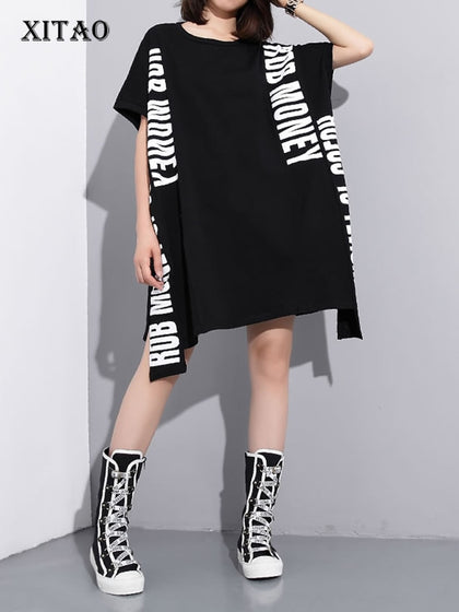 XITAO Europe Print Letter Dress Loose Solid Color Short Sleeve Fashion Street Style Women 2020 Spring Summer New Minority XJ4559