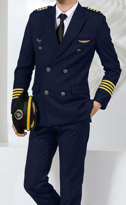 Blue Aviator Uniform Pilot Suit Men Spring Captain Aviation Double-breasted Button Blazer