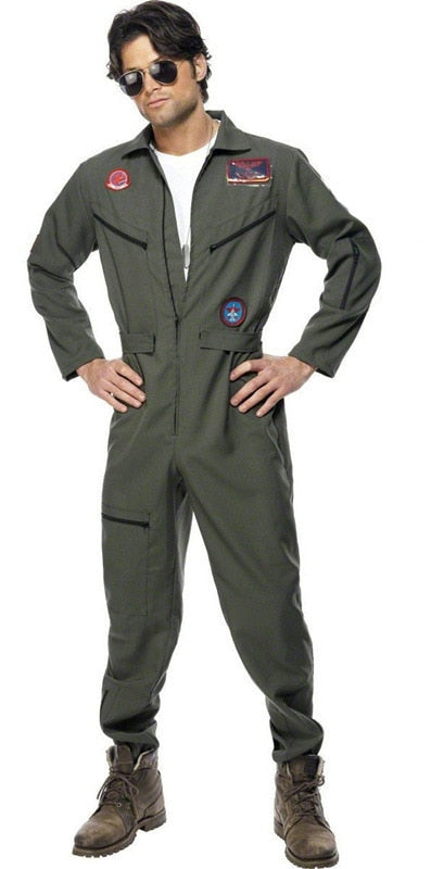 Mens Top Shot Pilot Flight Suit Aviator Maverick Uniform Gun Costume Space Astronaut Spaceman Jumpsuit Fancy Dress