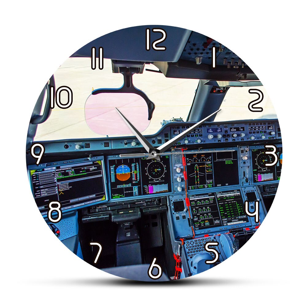 Plane Cockpit Print Wall Art Decorative Wall Clock Airplane Interior Cockpit View Inside The Airliner Aviation Pilot Wall Clock