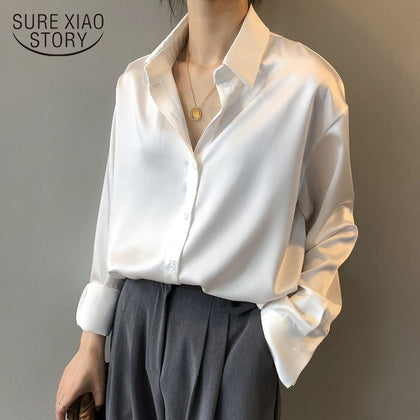 Autumn Fashion Button Up Satin Silk Shirt Vintage Blouse Women White Lady Long Sleeves Female Loose Street Shirts 11355