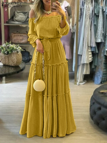 ZANZEA Fashion Off Shoulder Vestidos Female Lace Up Belted Dresses Beach Holiday Ruffle Robe Womens Bohemian Long Maxi Dress