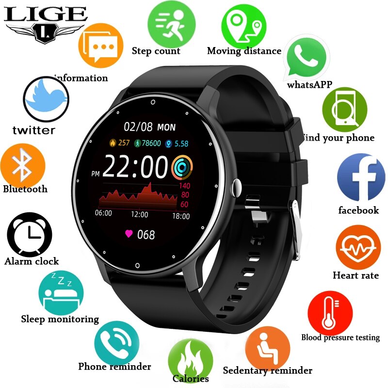 LIGE Smart Watch Men Women Full Touch Screen Sport Fitness Watch
