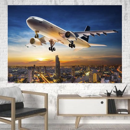 Super Aircraft over City at Sunset Printed Canvas Posters (1 Piece)