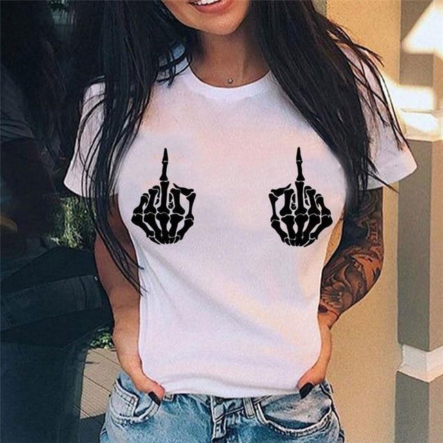 Middle Finger Print T Shirt Women