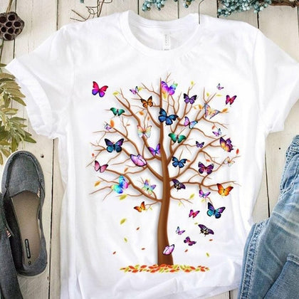 Woman Butterfly Tree Print Tshirts - Aviationkart